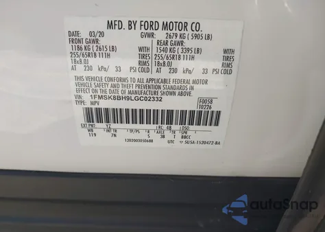 2020 Ford Explorer from USA, damaged, VIN 1FMSK8BH9LGC02332